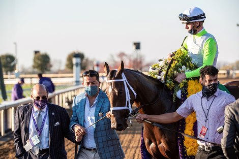 Aunt Pearl ridden by Florent Geroux wins the $1M Breeders’ Cup Juvenile Fillies Turf(G1)  at Keeneland Race Course Friday Nov. 6 2020 in Lexington, KY