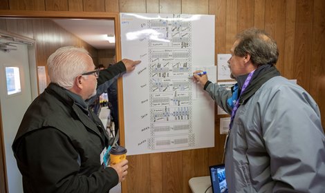 Equine Security Supervisor Mike Kilpack discusses the coverage needs with Don Ahrens in the Breeders Cup Security offices at Keeneland Race Course Monday Nov. 2 2020 in Lexington, KY.  Photo by Skip Dickstein