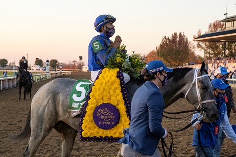 Essential Quality ridden by Luis Saez wins the $2M Breeders’ Cup Juvenile (G1)  at Keeneland Race Course Friday Nov. 6 2020 in Lexington, KY.  Photo by Skip Dickstein