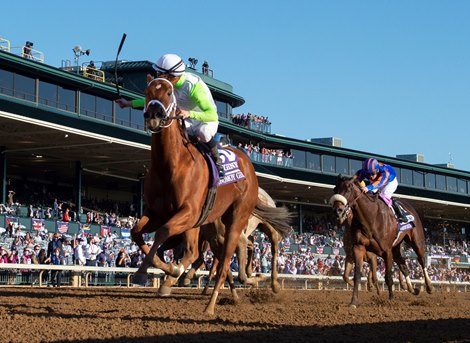 Monomoy Girl with jockey Florent Giroux wins the $2M Breeders’ Cup Distaff G1 at Keeneland Race Course Saturday Nov. 7,  2020 in Lexington, KY.  Photo by Skip Dickstein