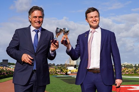 Trainers of Personal Tom Dabernig and Ben Hayes after winning the Kennedy Oaks at Flemington Racecourse on November 05, 2020 in Flemington, Australia. 