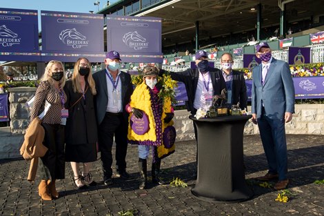Winning connections of Vequist with Joel Rosario in the winner’s circle for the Juvenile Fillies at Keeneland in Lexington, Ky. on Nov. 6, 2020.