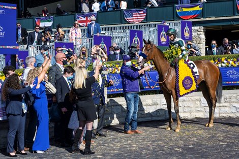 Gamine ridden by John Velazquez wins the $1M Filly and Mare Sprint at Keeneland Race Course Saturday, Nov. 7 2020 in Lexington, KY