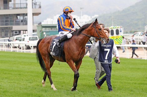 Jockey Ryan Moore takes an interview after winning the LONGINES Hong Kong Vase