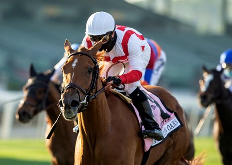 Duopoly and jockey Flavien Prat win the Grade I $300,000 American Oaks Saturday, December 26, 2020 at Santa Anita Park, Arcadia, CA. &#169;Benoit Photo