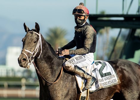 Kiss Today Goodbye and jockey Mike Smith, right, win the G2 $200,000 San Antonio Stakes Saturday, December 26, 2020 at Santa Anita Park, Arcadia, CA.