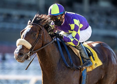 C R K Stable&#39;s Express Train and jockey Juan Hernandez win the G2, $200,000 San Pasqual Stakes, Saturday, January 30, 2021 at Santa Anita Park, Arcadia CA.