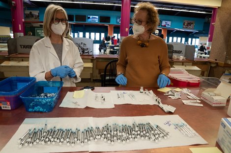 New Yorkers receive COVID-19 vaccines at New York State Vaccination Site at Aqueduct Racetrack, Queens