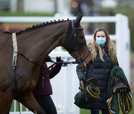 Gemelle Johnson, daughter of trainer Zoe Davison with Brown Bullet  after winning the 2m novices hurdle<br><br />
Plumpton 3.1.21 Pic: Edward Whitaker/Racing Post