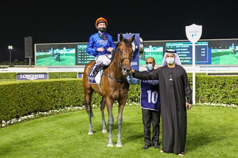 Soft Whisper ridden by Pat Cosgrave wins the 7F Conditions the UAE 1000 Guineas Trial Presented By Longines, race 4, at Dubai Meydan race track