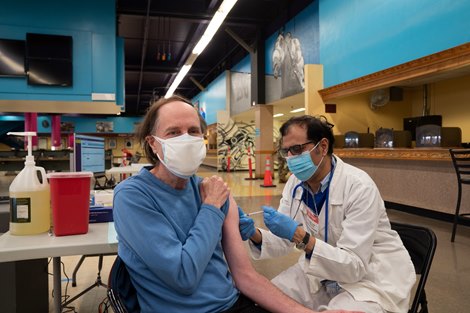 New Yorkers receive COVID-19 vaccines at New York State Vaccination Site at Aqueduct Racetrack, Queens