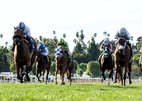Going Global and jockey Flavien Prat, left, win the Grade III, $100,000 Sweet Life Stakes, Sunday, February 14, 2021 at Santa Anita Park, Arcadia CA.<br><br />
&#169; BENOIT PHOTO