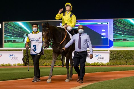 Mouheeb (USA) (Nicholas Bachalard – Ryan Curatolo) wins the UAE 2000 Guineas Sponsored By Hamdan bin Mohammed Cruise Terminal at the third Dubai World Cup Carnival on February 4, 2021