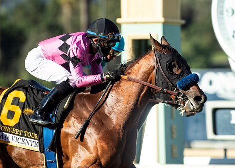 Gary &amp; Mary West&#39;s Concert Tour and jockey Joel Rosario, outside, collar Freedom Fighter (Drayden Van Dyke up) at the wire to win the Grade II $200,000 San Vicente Stakes Saturday, February 6, 2021 at Santa Anita Park, Arcadia, CA.<br><br />
Benoit Photo