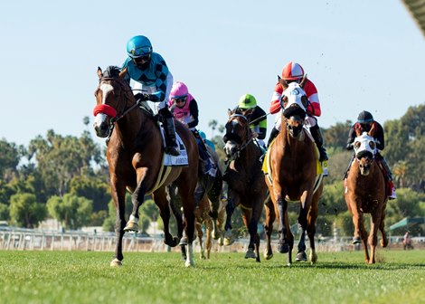 Rockingham Ranch&#39;s Masteroffoxhounds and jockey Joel Rosario, left, outleg Acclimate (Tyler Baze), right, to win the G2, $200,000 San Marcos Stakes, Saturday, February 6, 2021 at Santa Anita Park, Arcadia CA.