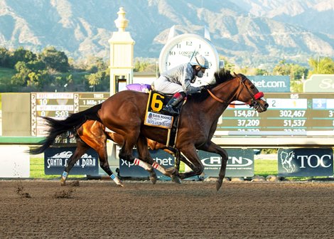 Calvin Nguyen&#39;s Idol and jockey Joel Rosario, outside, overpower Express Train (Juan Hernandez), inside, to win the Grade I, $400,000 Santa Anita Handicap, Saturday, March 6, 2021 at Santa Anita Park, Arcadia CA.<br><br />
&#169; BENOIT PHOTO