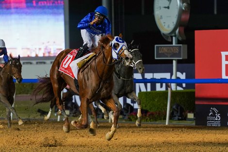Mystic Guide Wins the 25th Dubai World Cup, Luis Saez, Jockey, Meydan Racecourse, Dubai, UAE, March 27, 2021, Mathea Kelley/Dubai Racing Club