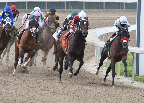 Hot Rod Charlie, far right, turns for home at the Fair Grounds Race Course and Slots quarter pole to go on to win the Twinspires.com Louisiana Derby, (Grade II) Saturday, March 20, 2021.  Joel Rosario was the winning jockey. Alexander Barkoff Photo