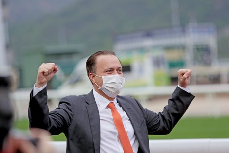 The Caspar Fownes-trained Sky Darci, ridden by Joao Moreira, takes the BMW Hong Kong Derby, the final leg of the Four-Year-Old Classic Series, at Sha Tin Racecourse today