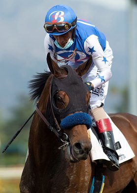 Baoma Corp.&#39;s Beautiful Gift and jockey John Velazquez, outside, collar Moraz and Umberto Rispoli, to win the Grade III $100,000 Santa Ysabel Stakes Sunday, March 7, 2021 at Santa Anita Park, Arcadia, CA. Benoit Photo