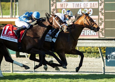 Hit the Road and jockey Florent Geroux, right, hold off Smooth Like Strait and Umberto Rispoli to win the Grade I $400,000 Frank E. Kilroe Mile Saturday, March 6, 2021 at Santa Anita Park, Arcadia, CA.<br>
Benoit Photo