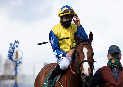 Keeper Of Time and Ronan Whelan winning the Ballylinch Stud ‘Priory Belle’ 1,000 Guineas Trial (Group 3).<br><br />
 Leopardstown Racecourse.<br><br />
Photo: Patrick McCann/Racing Post<br><br />
11.04.2021