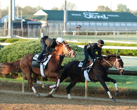 Dynamic One (Outside) Bourbonic (Inside) - Work - Churchill Downs - 04-16-21   Bourbonic - Trainer: Todd A. Pletcher, Owner: Calumet Farm, Breeder: Calumet Farm  Dynamic One - Trainer: Todd A. Pletcher, Owner: Repole Stable, Phipps Stable and St. Elias Stable, Breeder: Phipps Stable