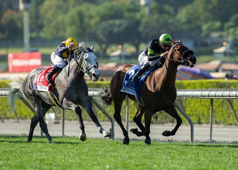 Charmaine's Mia and jockey Flavien Prat, right, outleg Dogtag (Umberto Rispoli), left, to win the G2, $200,000 Royal Heroine Stakes, $200,000 Royal Heroine Stakes, Saturday, April 3, 2021 at Santa Anita Park, Arcadia CA.