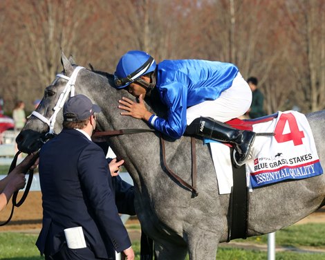 Luis Saez with Brad Cox after winning the 2021 Blue Grass Stakes with Essential Quality