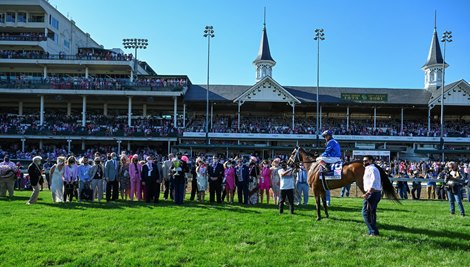 Jockey John Velazquez sits atop winner Malathaat after winning the 147th running of the Kentucky Oaks at Churchill Downs Race Track Friday  April 30, 2021 in Louisville, Kentucky.  Photo by Skip Dickstein