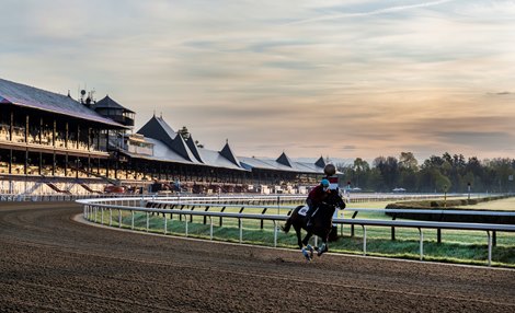 For the first time in recent memory horses take to the Main track this early at the Saratoga Race Course for training due to the extensive renovation of the Oklahoma Training Center which is usually the first venue in Saratoga Springs, N.Y. to open to the early arrivals of thoroughbreds in the Spa City April 18, 2021.   Photo  by Skip Dickstein