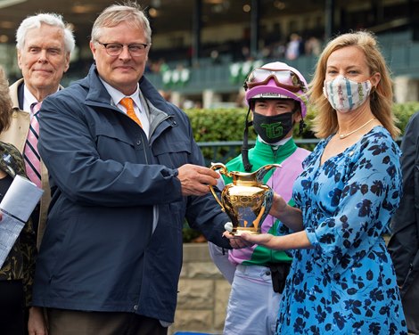 Special gold pitcher presentation to Juddmonte, (L-R) John Chandler, Garrett O’Rourke, Tyler Gaffalione, and Shannon Arvin. Juliet Foxtrot with Tyler Gaffalione wins the Coolmore Jenny Wiley (G1)<br>
at Keeneland near Lexington, Ky., on April 10, 2021. 