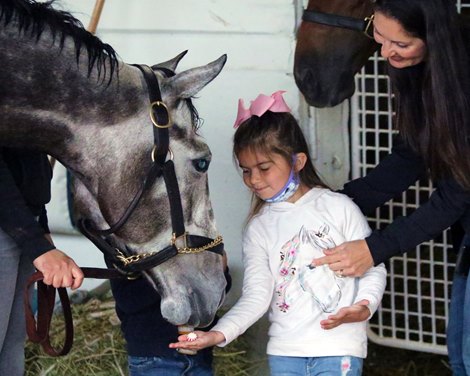 Joshlyn Hernandez gives Crazy Beautiful a mint at Churchill Downs on April 24, 2021