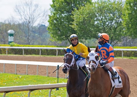 (L-R): Sometimes Always with Luis Saez, and French Toast with John Velazquez after Race 6. <br>
Scenes at Keeneland near Lexington, Ky., on April 15, 2021. . 