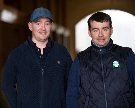 (L-R): Bernard and Eamonn Cleary<br>
Bubbler owned by Clearsky and Hill ’n’ Dale is at a division of the Cleary family’s Clearsky Farm near Midway, Ky. on March 11, 2021.