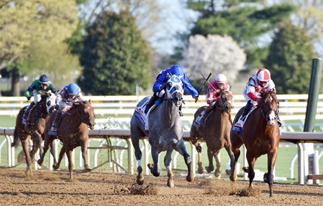 April 3, 2021: Essential Quality, Luis Saez up, holds off Highly Motivated to win the 97th running of the Gr.2 Blue Grass Stakes