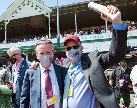 (L-R) Fergus Galvin and Adrian Regan after Shedaresthedevil with Florent Geroux win the La Troienne (G1) at Churchill Downs on April 30, 2021.