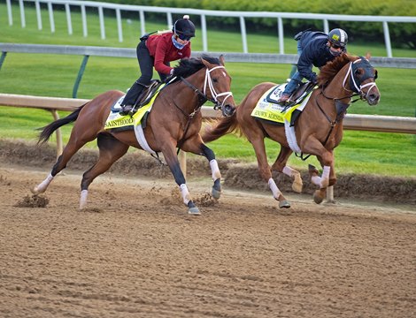 (L-R): Sainthood and Known Agenda working<br>
Kentucky Derby and Oaks horses, people and scenes at Churchill Downs in Louisville, Ky., on April 23, 2021. 