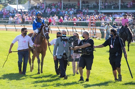 Malathaat with John R. Velazquez wins the Longines Kentucky Oaks (G1) at Churchill Downs on April 30, 2021.