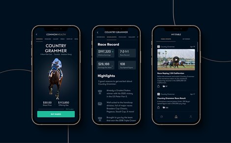 Commonwealth mobile app screenshots. Commonwealth sells microshares in racehorses beginning in April 2021