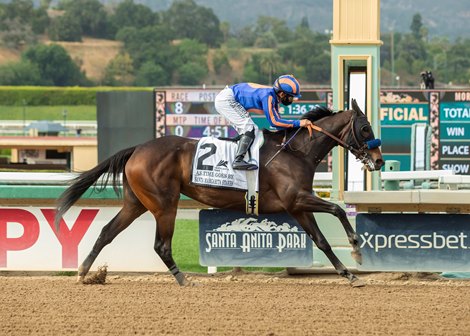 As Time Goes By and jockey Mike Smith win the G2, $200,000 Santa Margarita Stakes, Saturday, April 24, 2021 at Santa Anita Park, Arcadia CA.