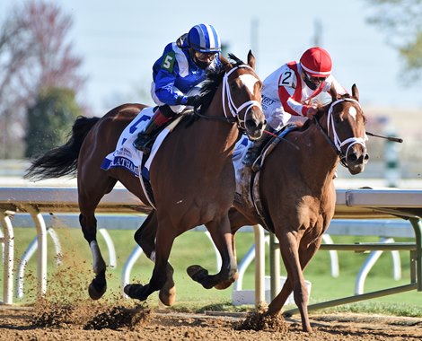 April 3, 2021: Malathaat (#5) Joel Rosario up, battles with Pass The Champagne, and wins the Gr.1 Ashland Stakes at Keeneland