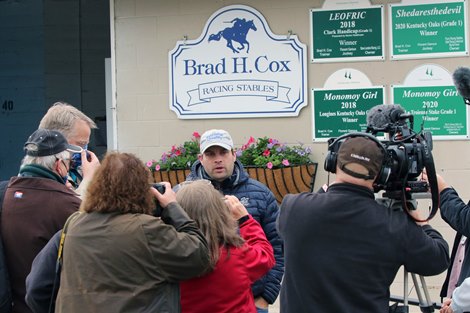 Brad Cox talks to the media regarding Caddo Rivers at Churchill Downs on April 25, 2021