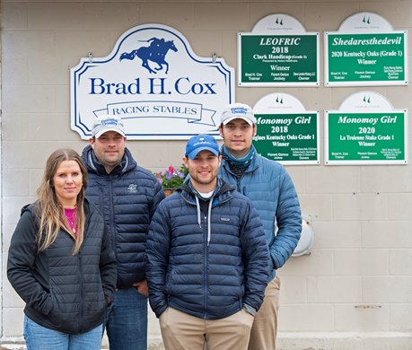 (L-R): Livia Frazar DVM (Brad’s wife), Brad Cox, Bryson Cox, and Blake Cox (missing is youngest son Brodie)<br>
Kentucky Derby and Oaks horses, people and scenes at Churchill Downs in Louisville, Ky., on April 25, 2021. 