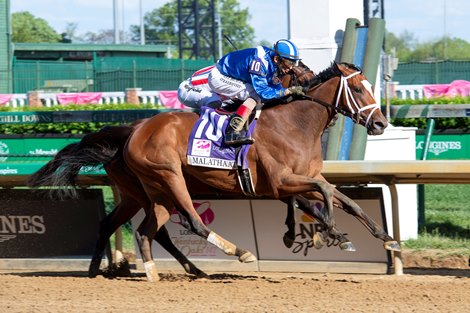 Malathaat with John R. Velazquez wins the Longines Kentucky Oaks (G1) at Churchill Downs on April 30, 2021.