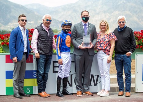 Tabor, Magnier and Smith&#39;s As Time Goes By and jockey Mike Smith, inside, hold off a game challenge by This Tea (jockey Kent Desormeaux), outside, to win the Grade II $200,000 Santa Maria Stakes Saturday, May 22, 2021 at Santa Anita Park, Arcadia, CA