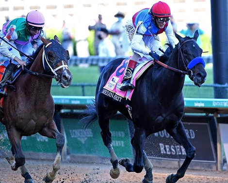 Medina Spirit ridden by jockey John R. Velazquez won the Kentucky Derby (G1) from Mandaloun ridden by jockey Florent Geroux, at Churchill Downs, Saturday, May 1, 2021, in Louisville, KY.