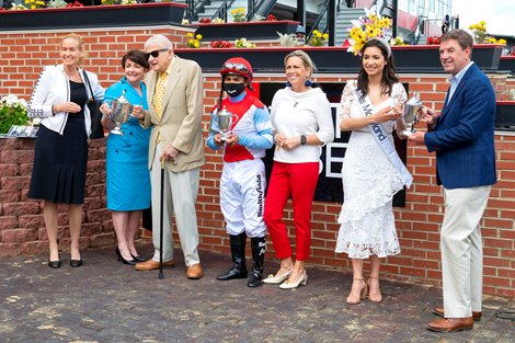 Winning connections of Mean Mary and Luis Saez after winning the Gallorette (G3T) at Pimlico in Baltimore, Maryland on May 15, 2021.