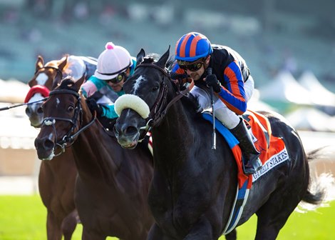 Maxim Rate and jockey Juan Hernandez, right, outleg La Signare (Mike Smith), left, to win the Grade I, $300,000 Gamely Stakes, Monday, May 31, 2021 at Santa Anita Park, Arcadia CA