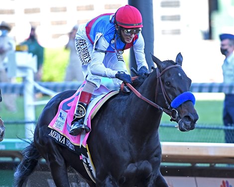 Medina Spirit ridden by jockey John R. Velazquez won the Kentucky Derby (G1) at Churchill Downs, Saturday, May 1, 2021 in Louisville, KY.